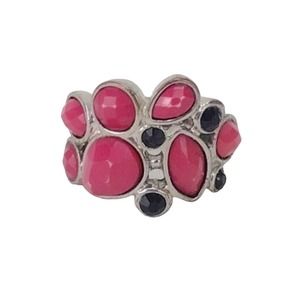 Silver Tone Cocktail Ring Chunky Pink Black Beautiful Vintage